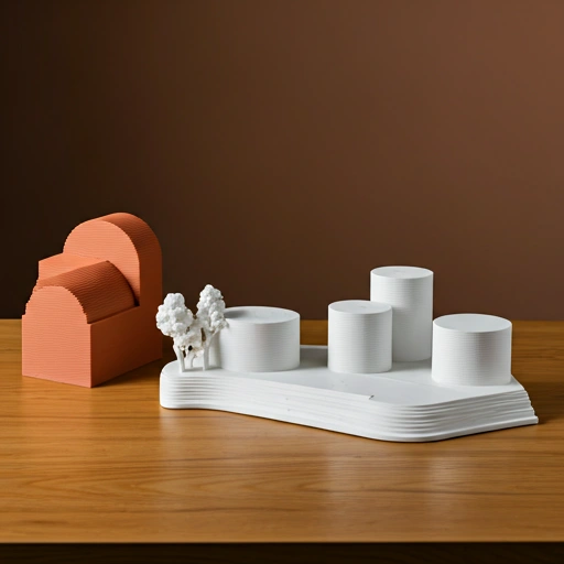 A collection of minimalist 3D printed architectural models in white and terracotta tones on a wooden table