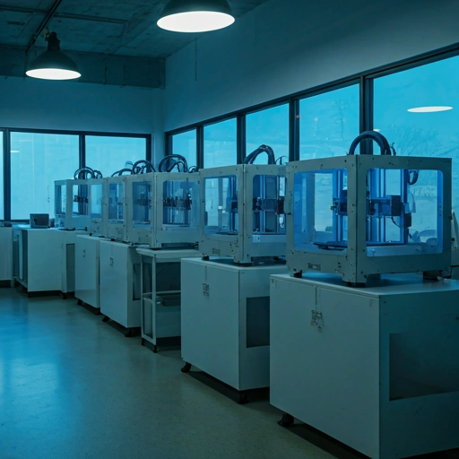 Modern high-tech clean room studio in India with a row of industrial 3D printers and large bright windows